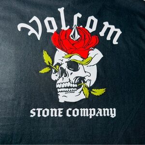 Volcom Black Tee with Red Rose & White Skull Graphic